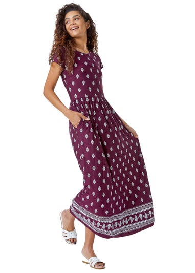 Roman Wine Paisley Border Print Stretch Maxi Dress