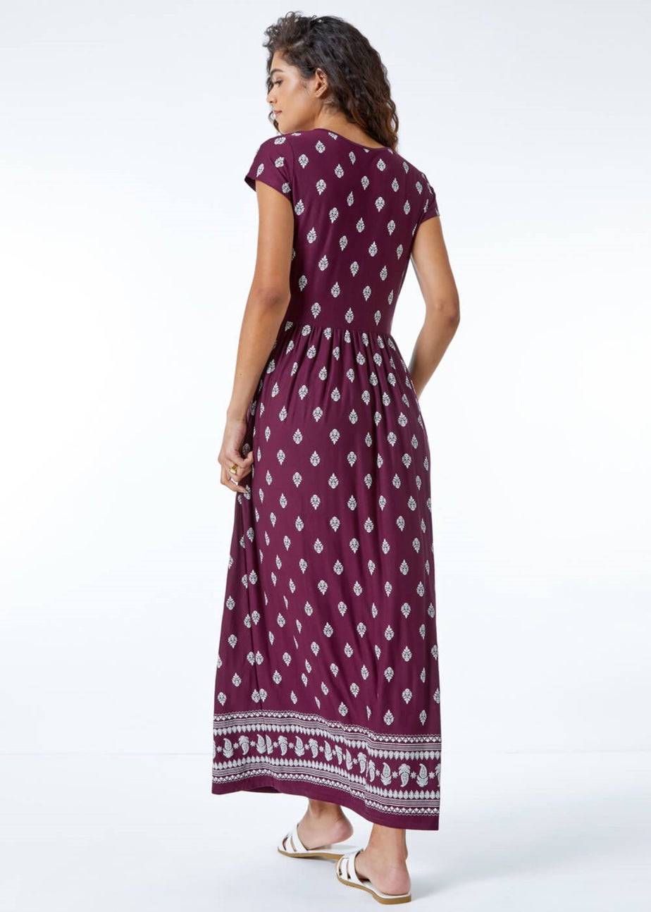 Roman Wine Paisley Border Print Stretch Maxi Dress