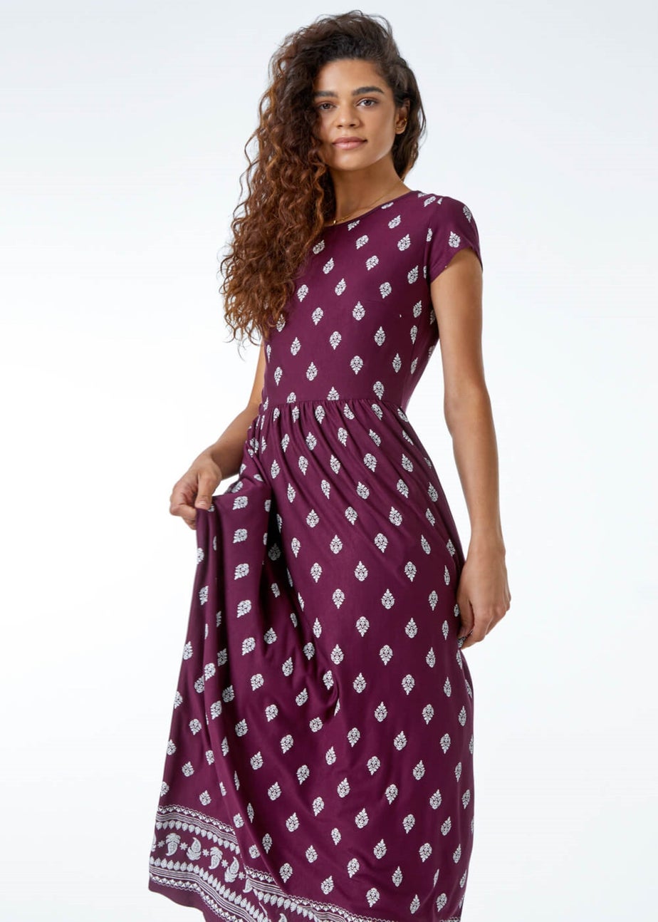 Roman Wine Paisley Border Print Stretch Maxi Dress