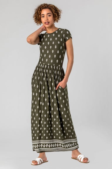 Roman Khaki Paisley Border Print Maxi Dress