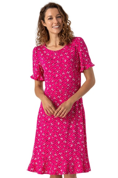 Roman Fuchsia Floral Print Fluted Hem Shift Dress