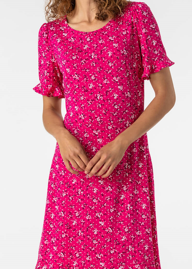 Roman Fuchsia Floral Print Fluted Hem Shift Dress