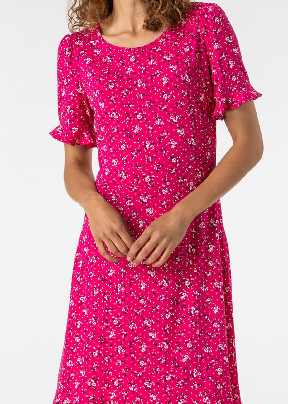 Roman Fuchsia Floral Print Fluted Hem Shift Dress