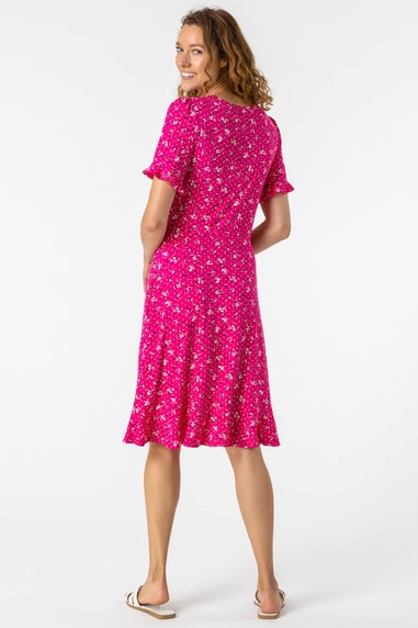 Roman Fuchsia Floral Print Fluted Hem Shift Dress