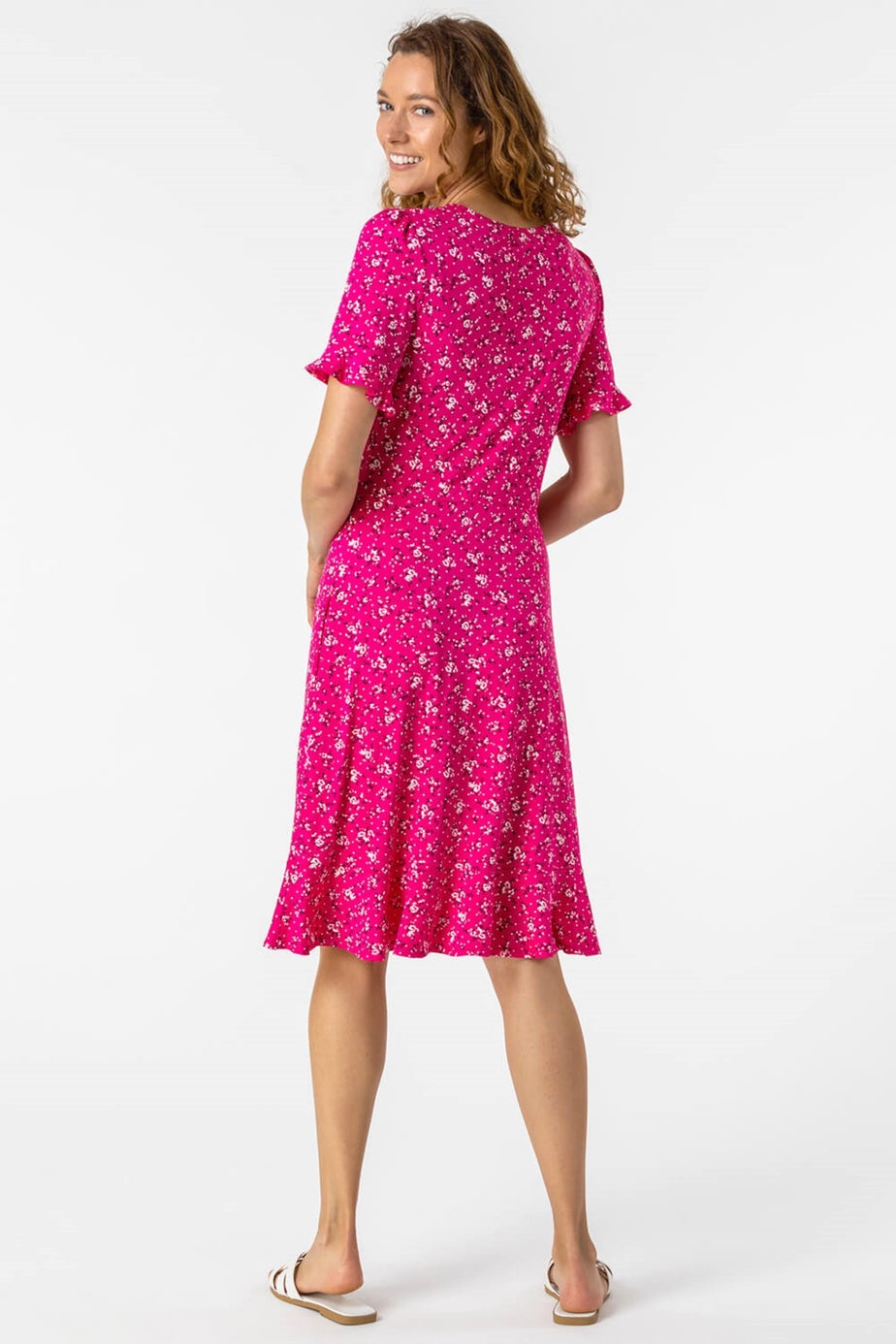 Roman Fuchsia Floral Print Fluted Hem Shift Dress
