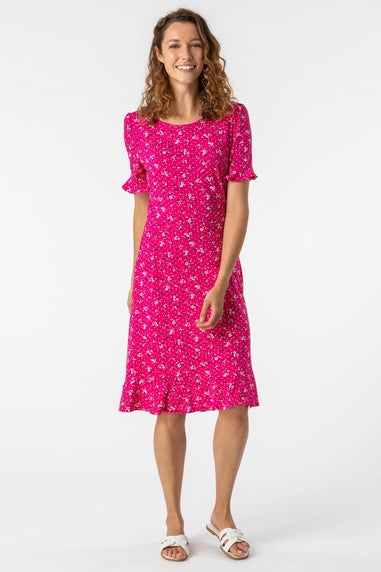 Roman Fuchsia Floral Print Fluted Hem Shift Dress