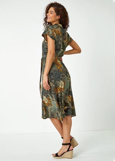 Roman Green Tropical Leaf Print Shirt Dress