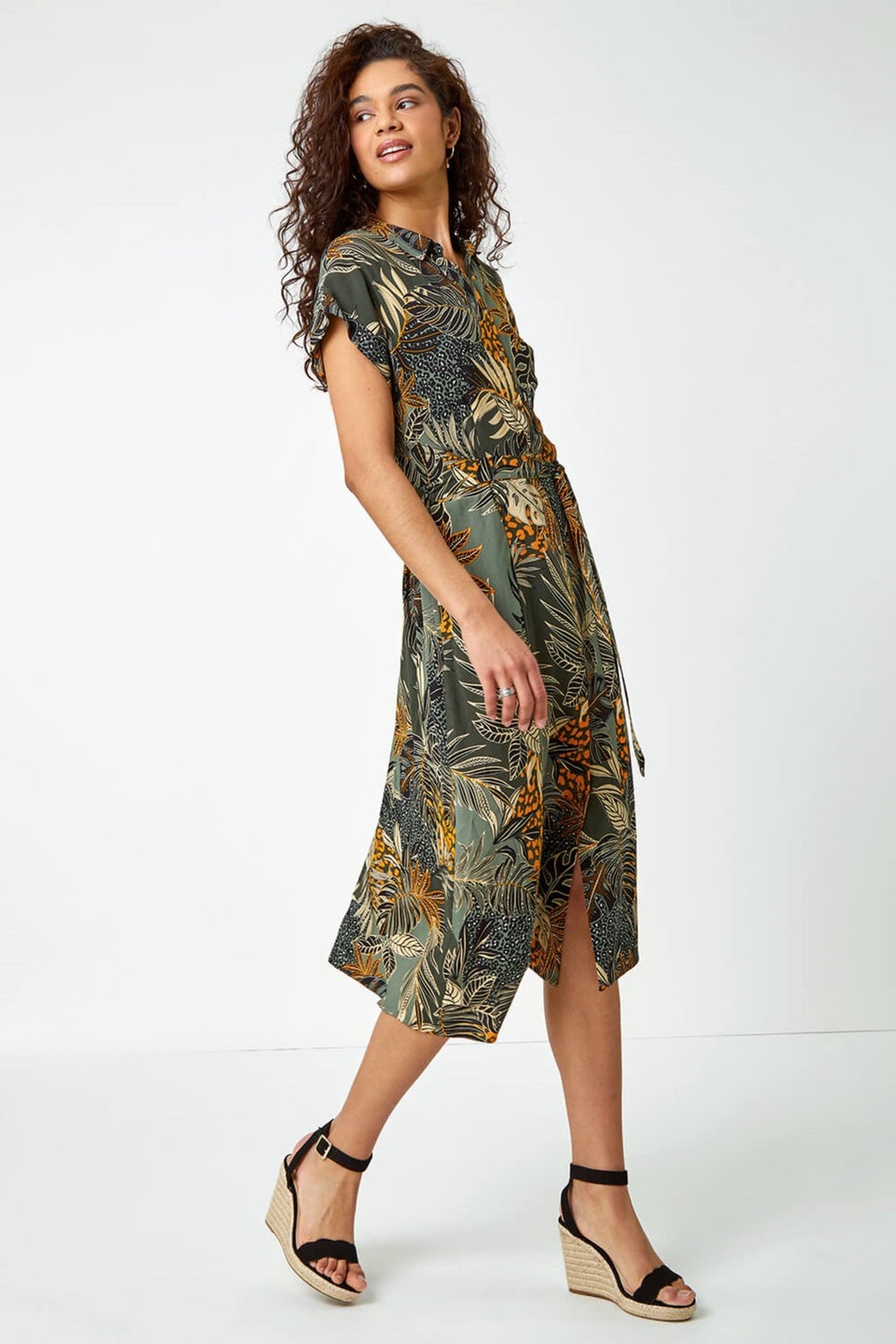 Roman Green Tropical Leaf Print Shirt Dress