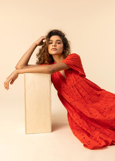 Roman Red Broderie Tiered Smock Skater Dress