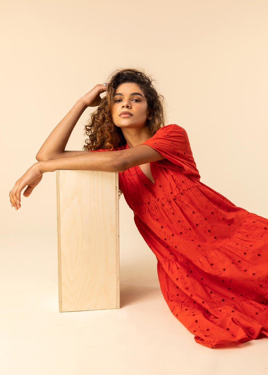 Roman Red Broderie Tiered Smock Skater Dress