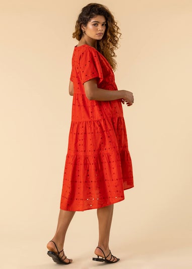Roman Red Broderie Tiered Smock Skater Dress