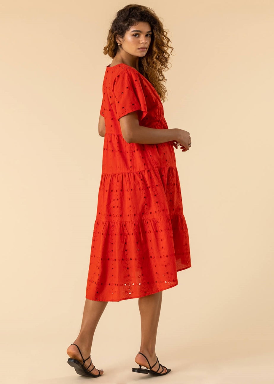 Roman Red Broderie Tiered Smock Skater Dress