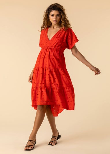 Roman Red Broderie Tiered Smock Skater Dress
