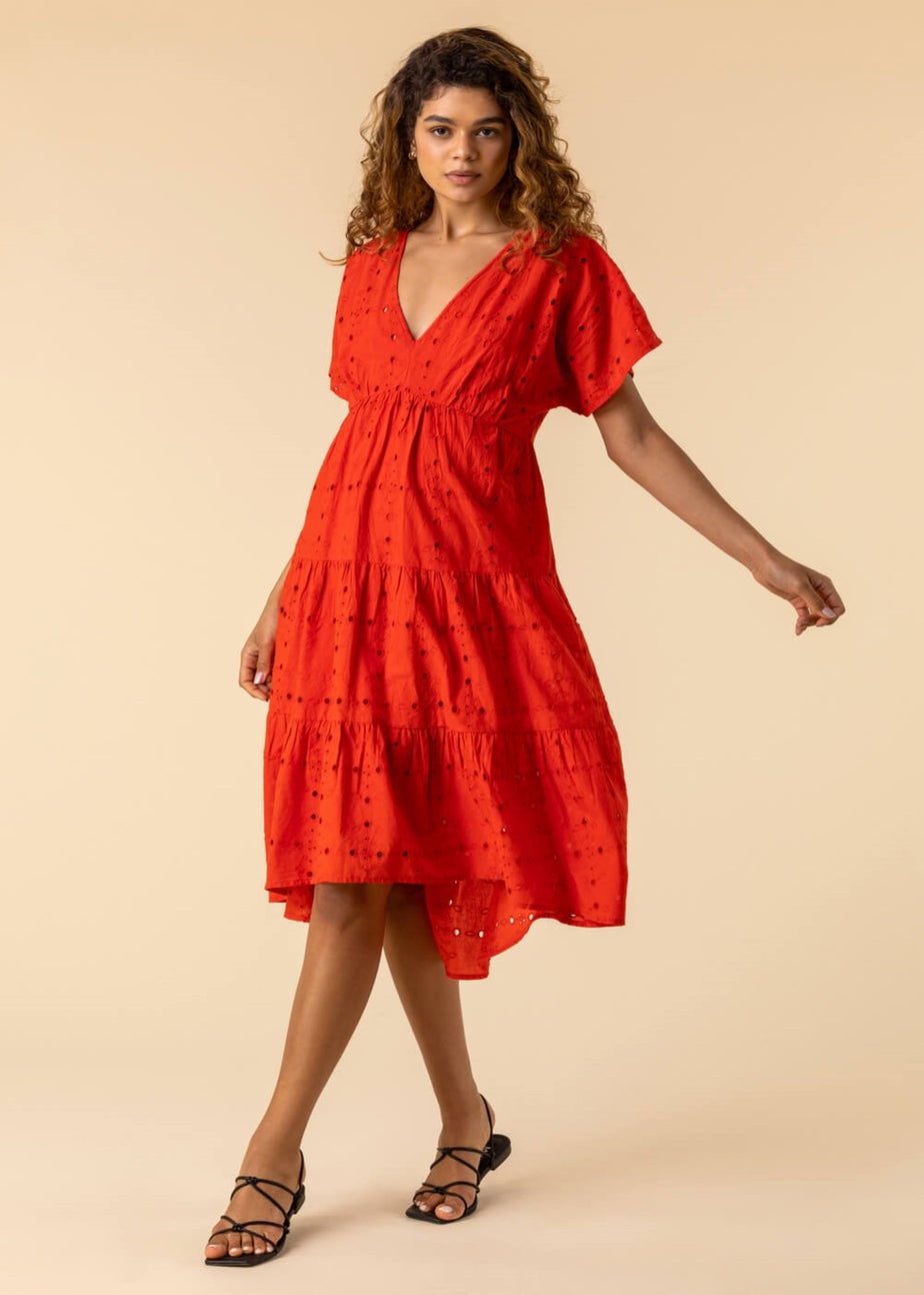 Roman Red Broderie Tiered Smock Skater Dress