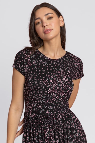 Roman Black Patchwork Floral Stretch Jersey Dress