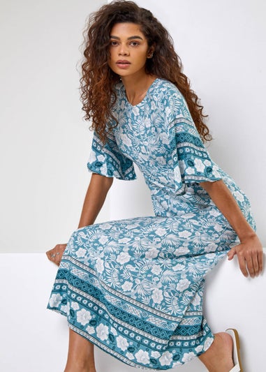 Roman Light Blue Floral Border Print Midi Dress
