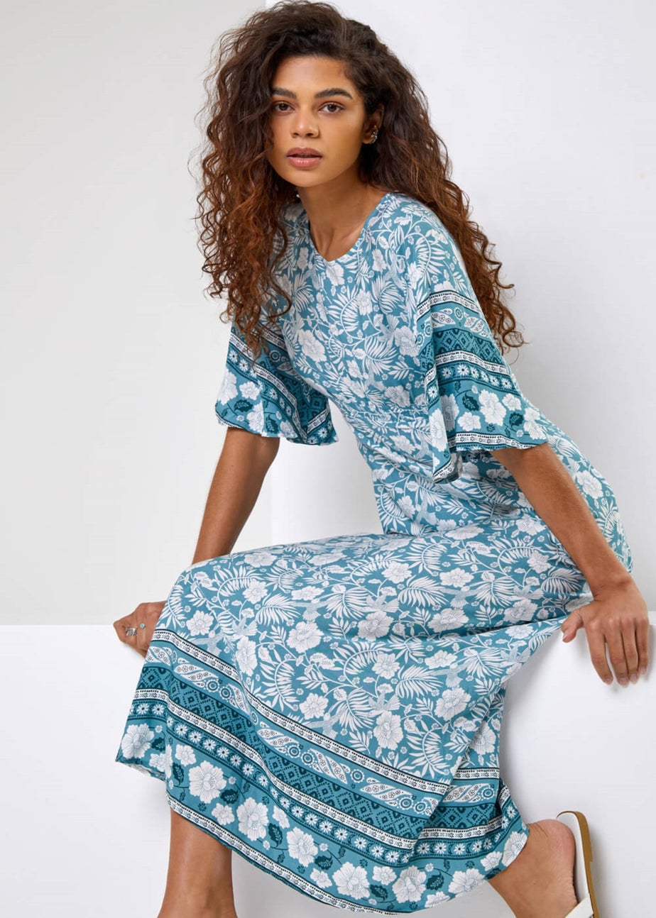 Roman Light Blue Floral Border Print Midi Dress