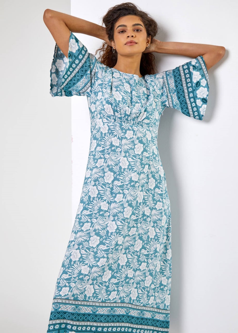 Roman Light Blue Floral Border Print Midi Dress