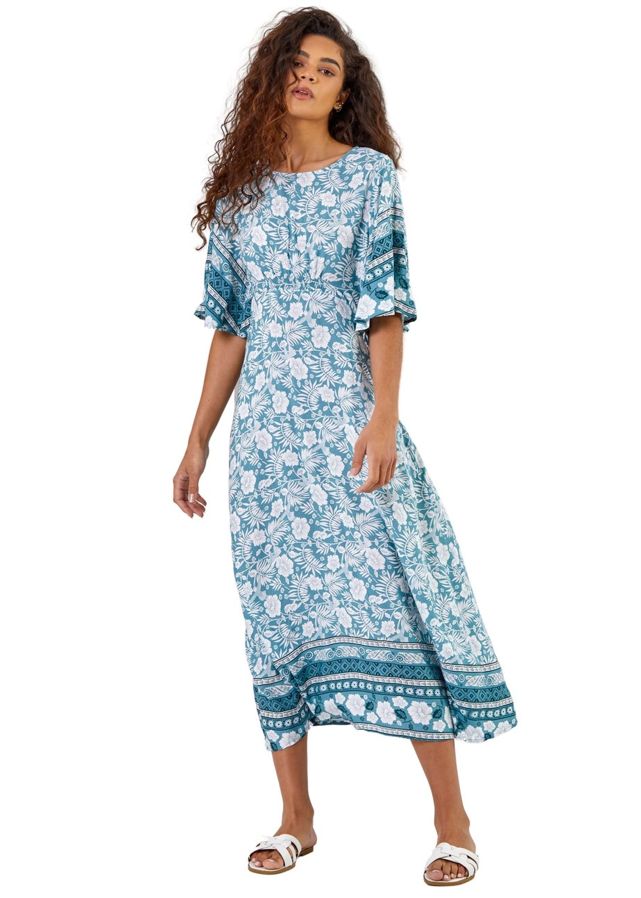 Roman Light Blue Floral Border Print Midi Dress