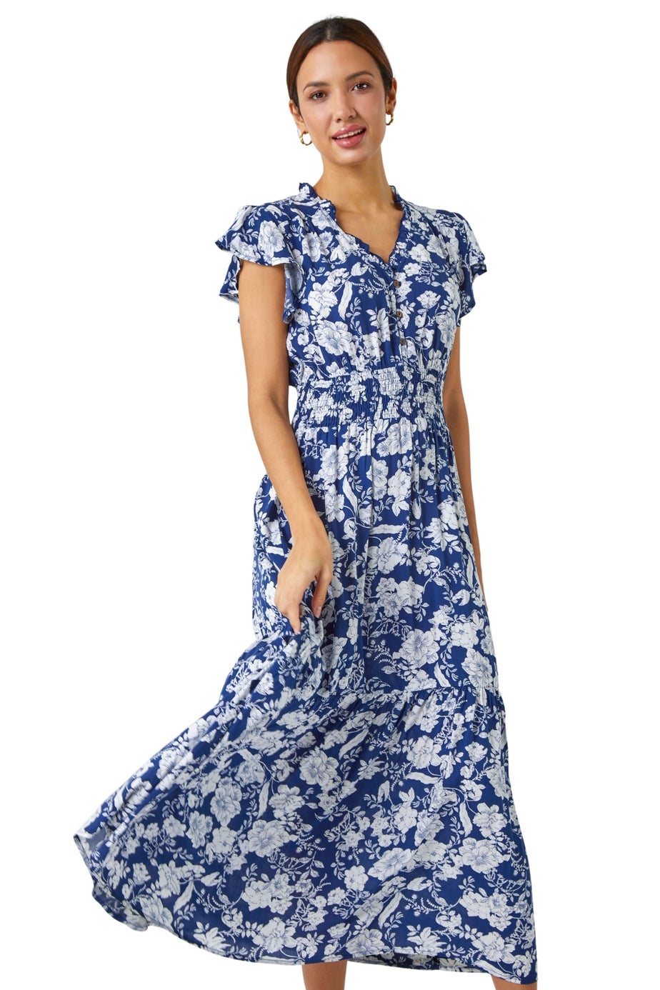 Roman Navy Floral Print Frill Detail Midi Dress