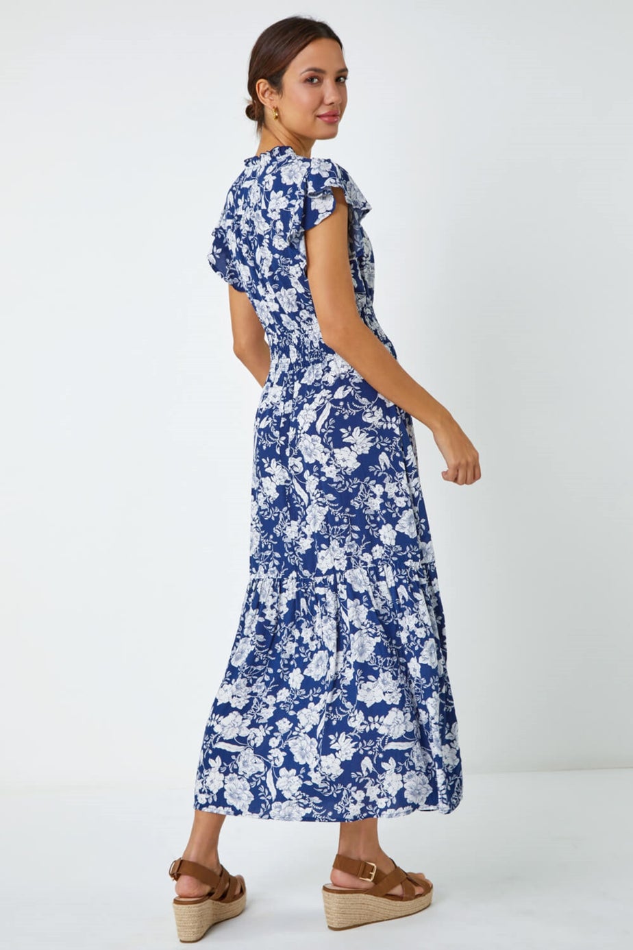 Roman Navy Floral Print Frill Detail Midi Dress