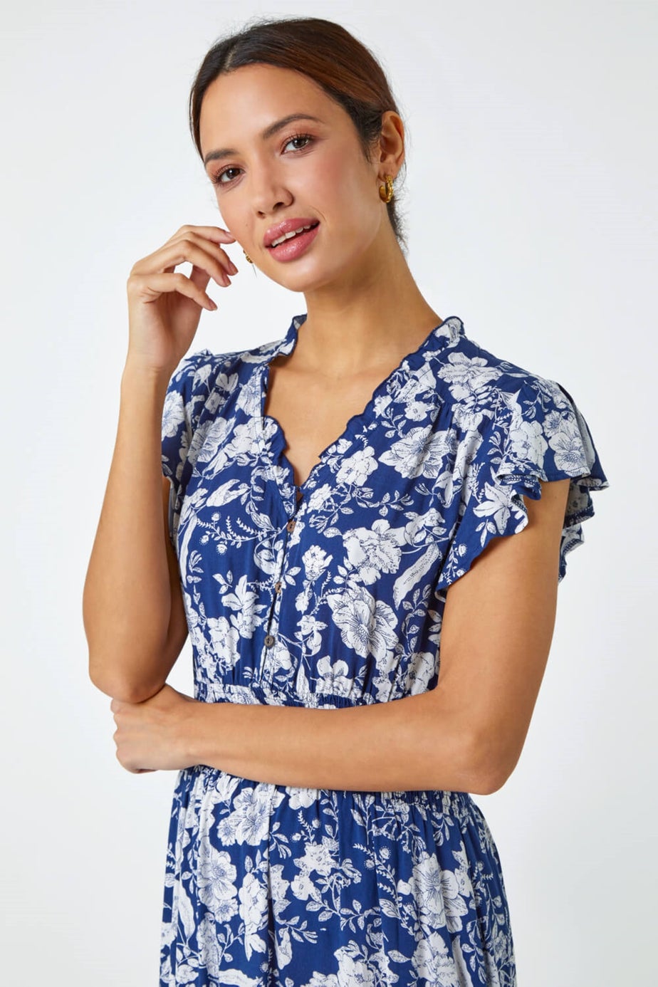 Roman Navy Floral Print Frill Detail Midi Dress