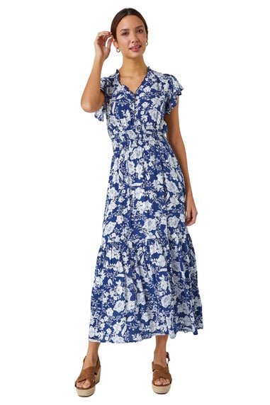 Roman Navy Floral Print Frill Detail Midi Dress