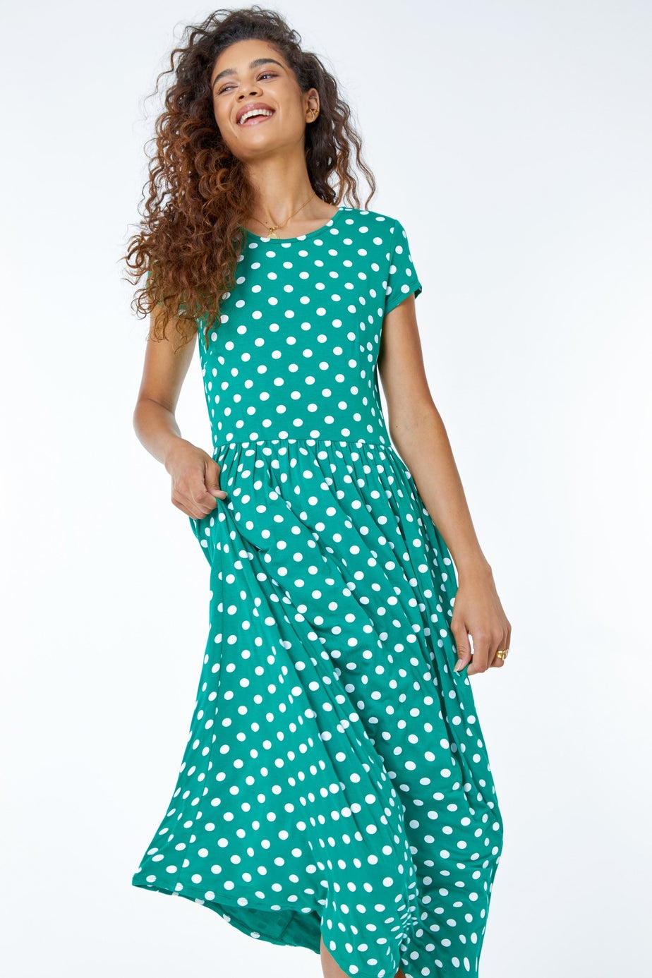 Roman Green Spot Print Stretch Midi Dress