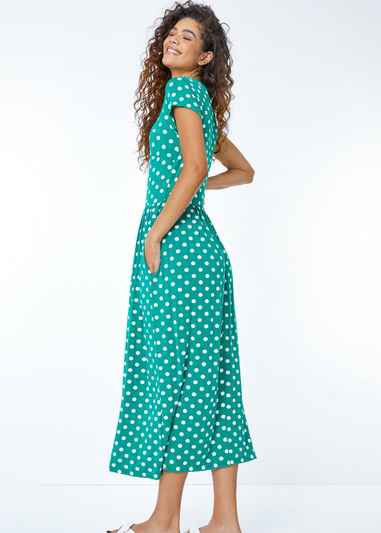 Roman Green Spot Print Stretch Midi Dress