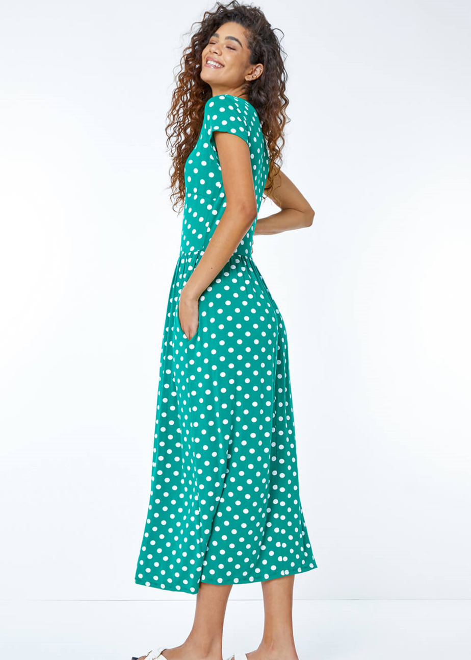 Roman Green Spot Print Stretch Midi Dress