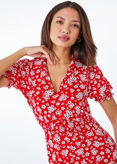 Roman Red Ditsy Floral Print Fit & Flare Dress