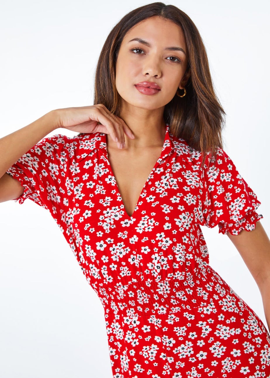 Roman Red Ditsy Floral Print Fit & Flare Dress