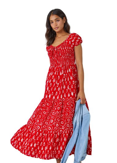 Roman Red Boho Print Tiered Maxi Dress