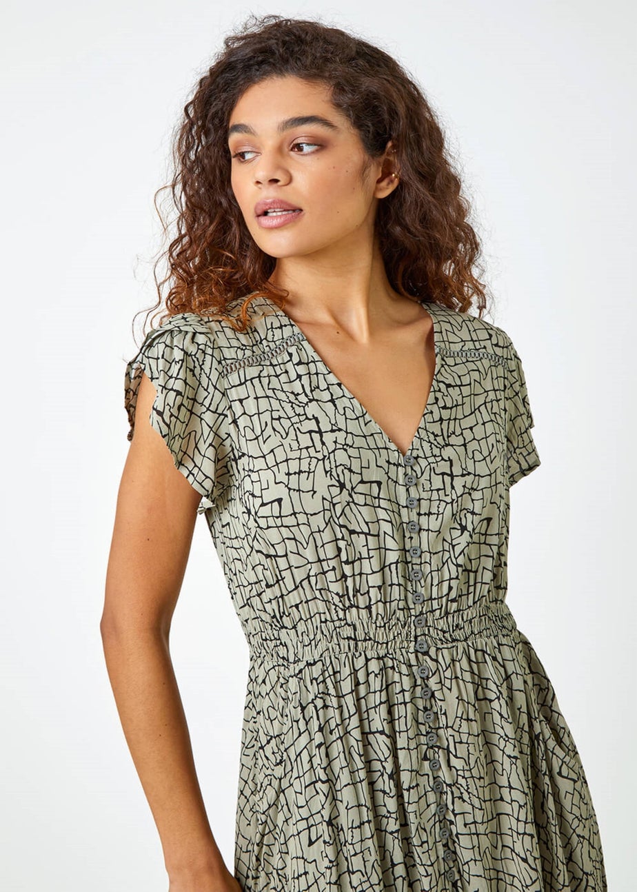 Roman Khaki Scribble Print Button Through Maxi Dress