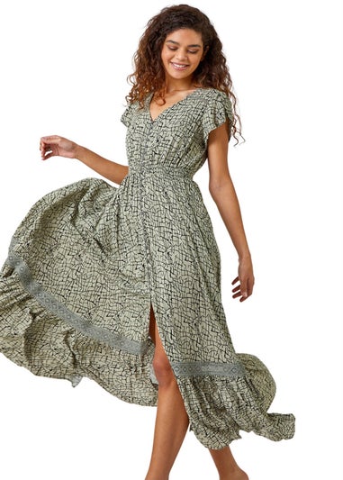 Roman Khaki Scribble Print Button Through Maxi Dress