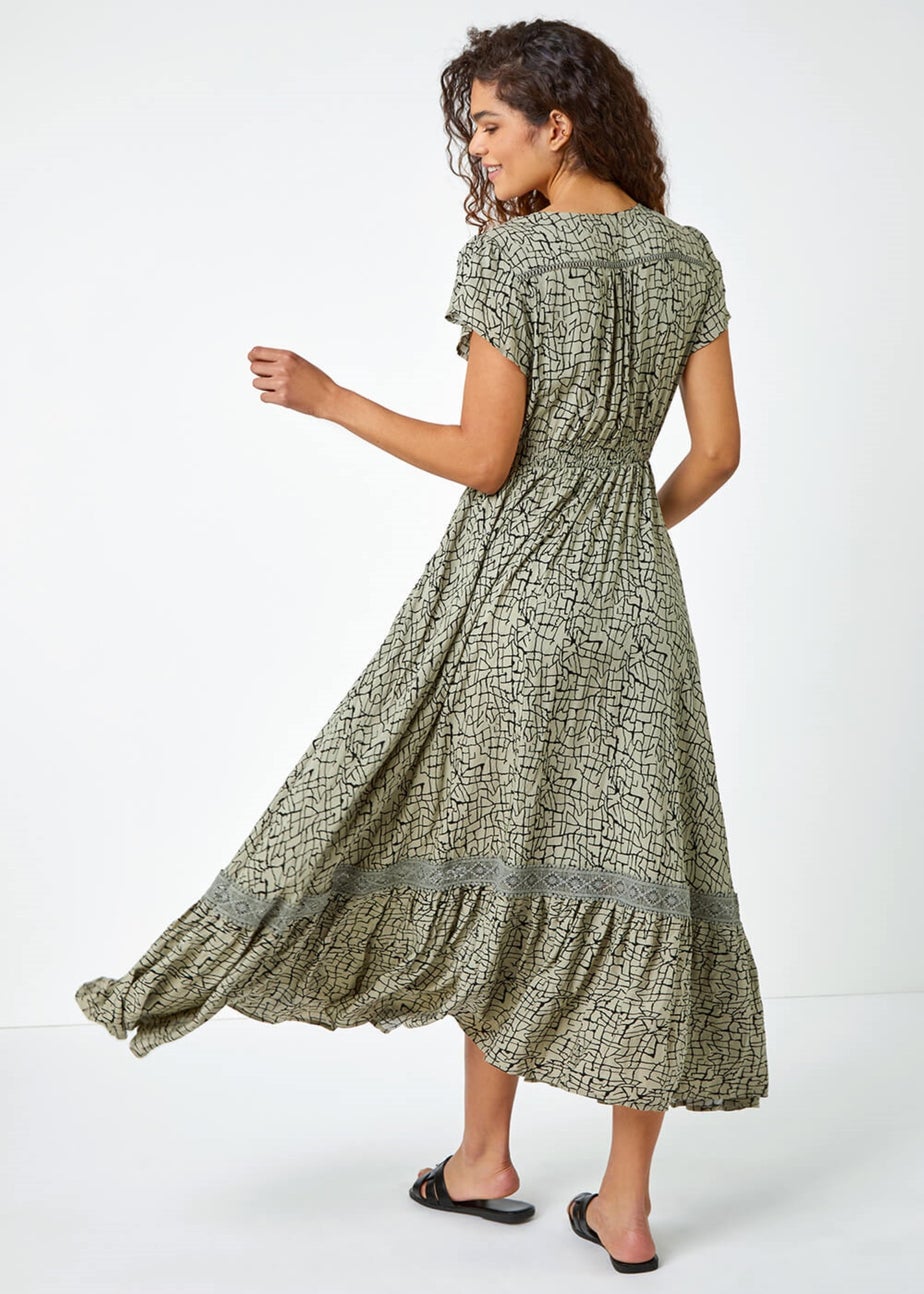 Roman Khaki Scribble Print Button Through Maxi Dress
