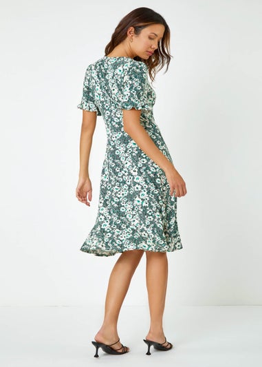 Roman Green Stretch Floral Print Button Tea Dress