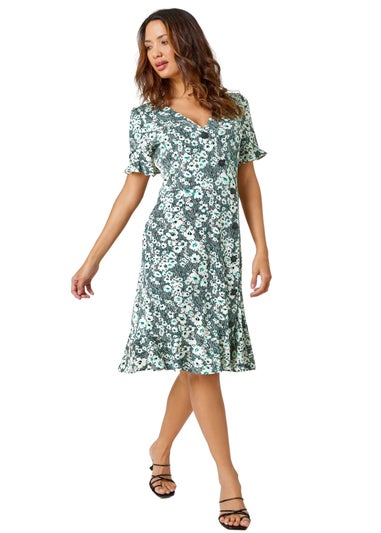 Roman Green Stretch Floral Print Button Tea Dress