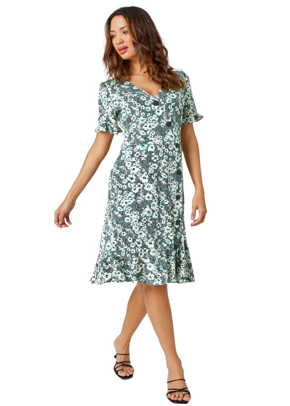 Roman Green Stretch Floral Print Button Tea Dress