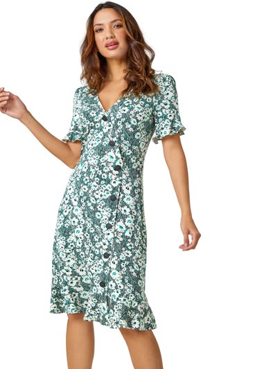 Roman Green Stretch Floral Print Button Tea Dress