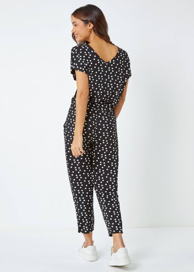 Roman Black Polka Dot Print Stretch Jumpsuit