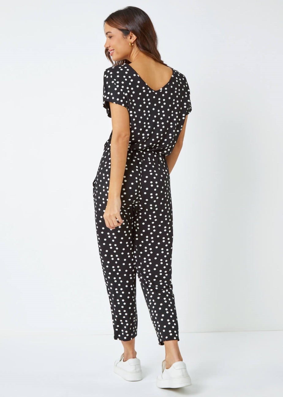 Roman Black Polka Dot Print Stretch Jumpsuit