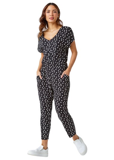 Roman Black Polka Dot Print Stretch Jumpsuit