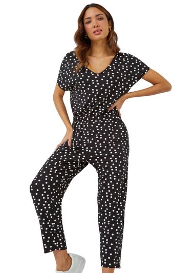 Roman Black Polka Dot Print Stretch Jumpsuit