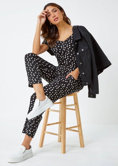 Roman Black Polka Dot Print Stretch Jumpsuit