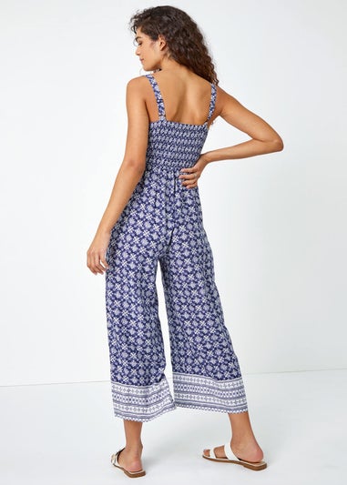 Roman Blue Border Print Culotte Jumpsuit