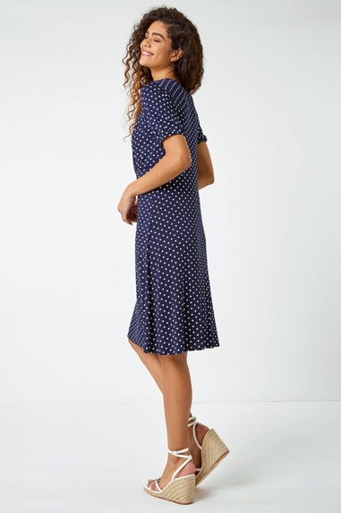 Roman Navy Polka Dot Print Stretch Dress