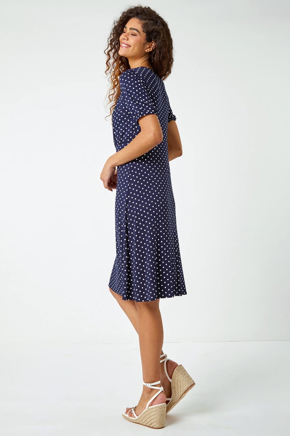 Roman Navy Polka Dot Print Stretch Dress