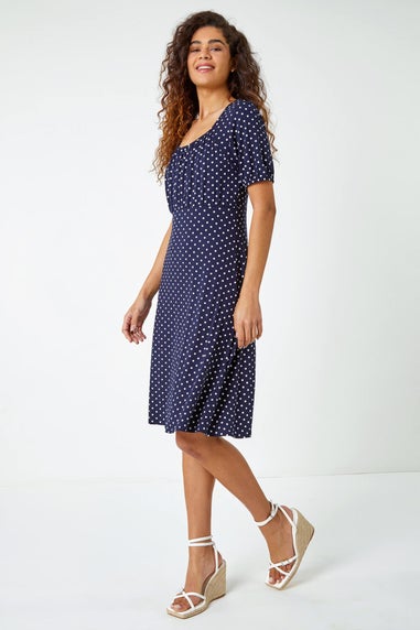 Roman Navy Polka Dot Print Stretch Dress