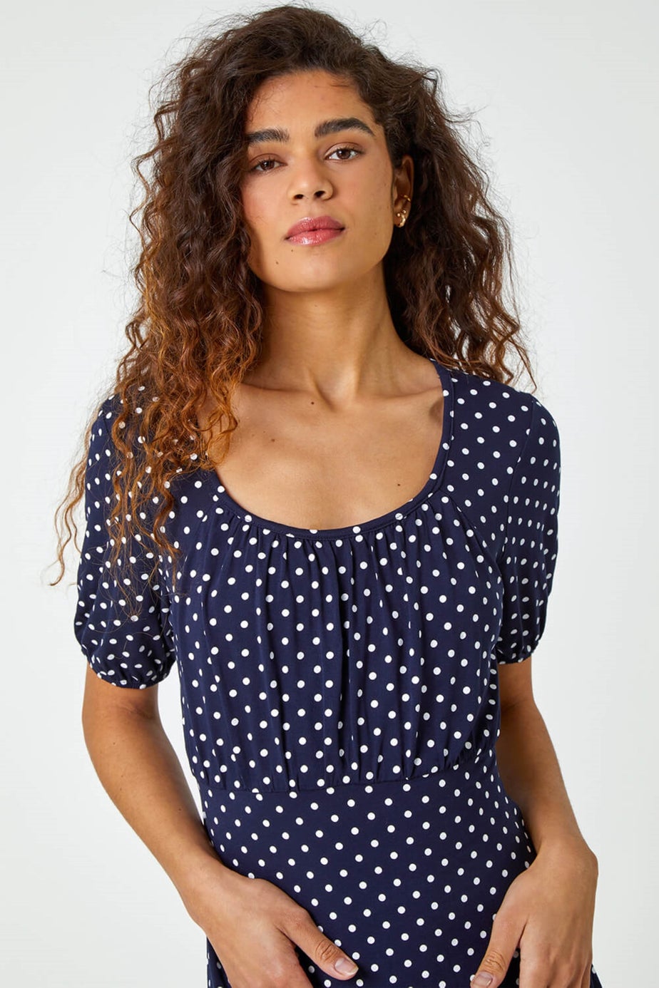 Roman Navy Polka Dot Print Stretch Dress